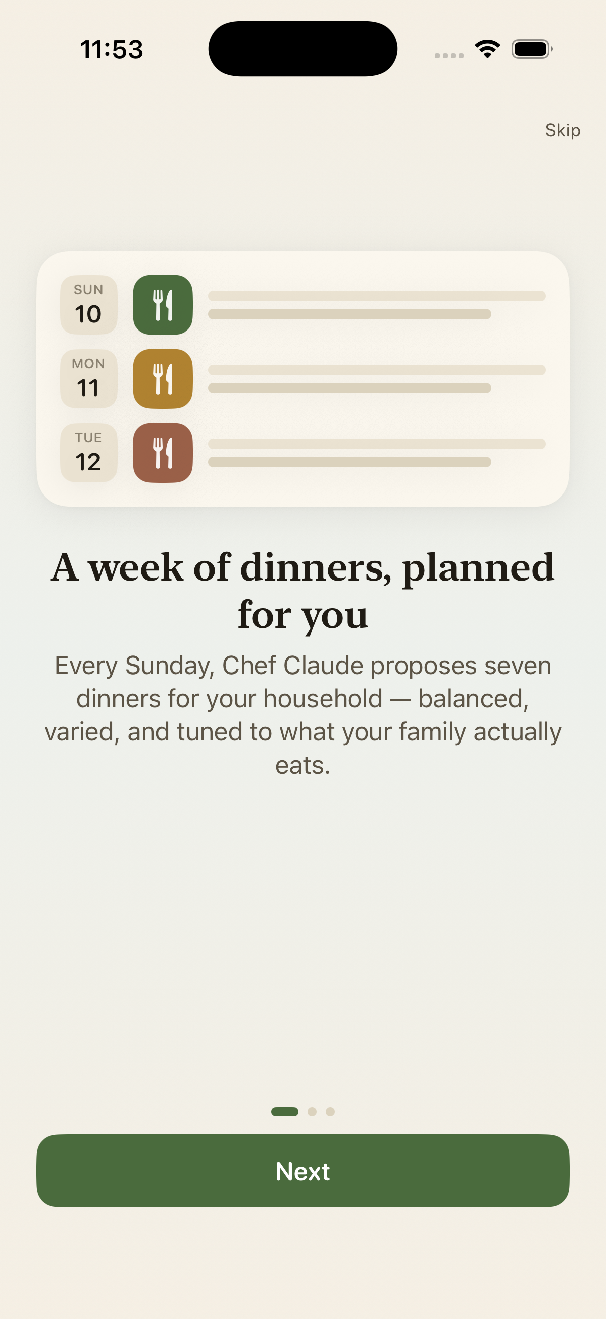 Chef Claude, weekly meal planning screen on iOS