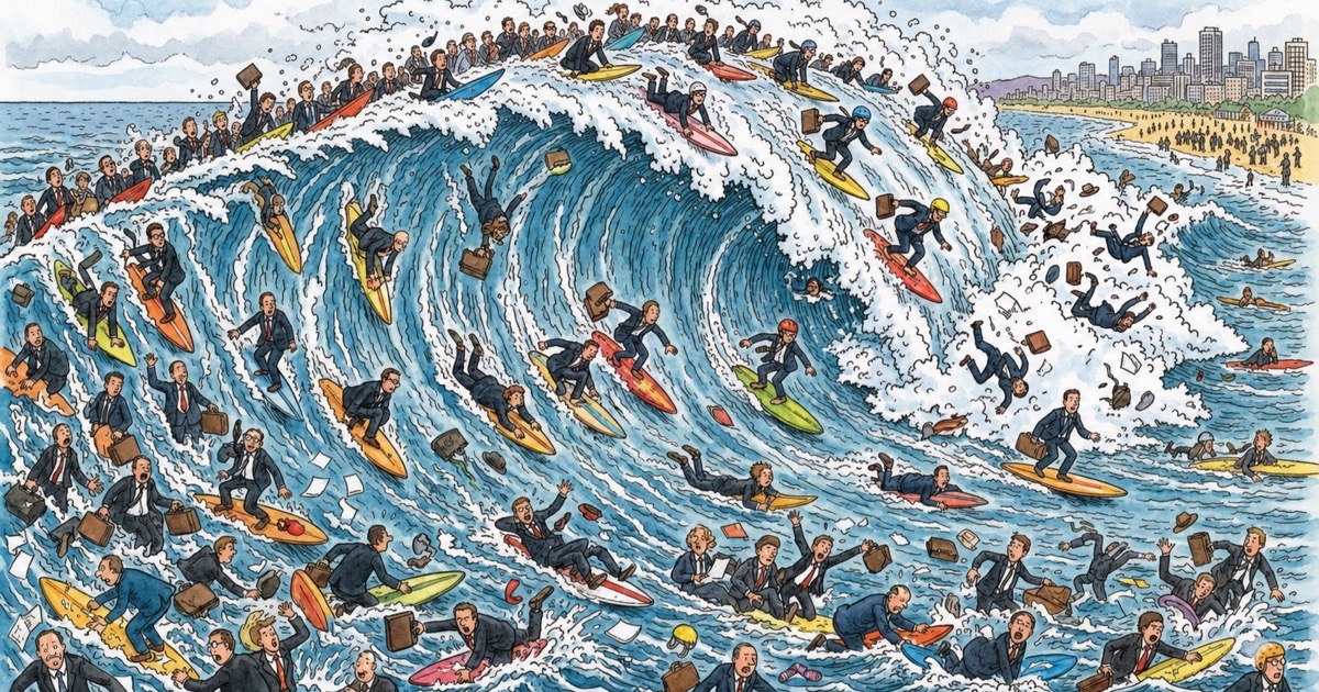 A towering wave crowded with businesspeople surfing, paddling, and wiping out with briefcases