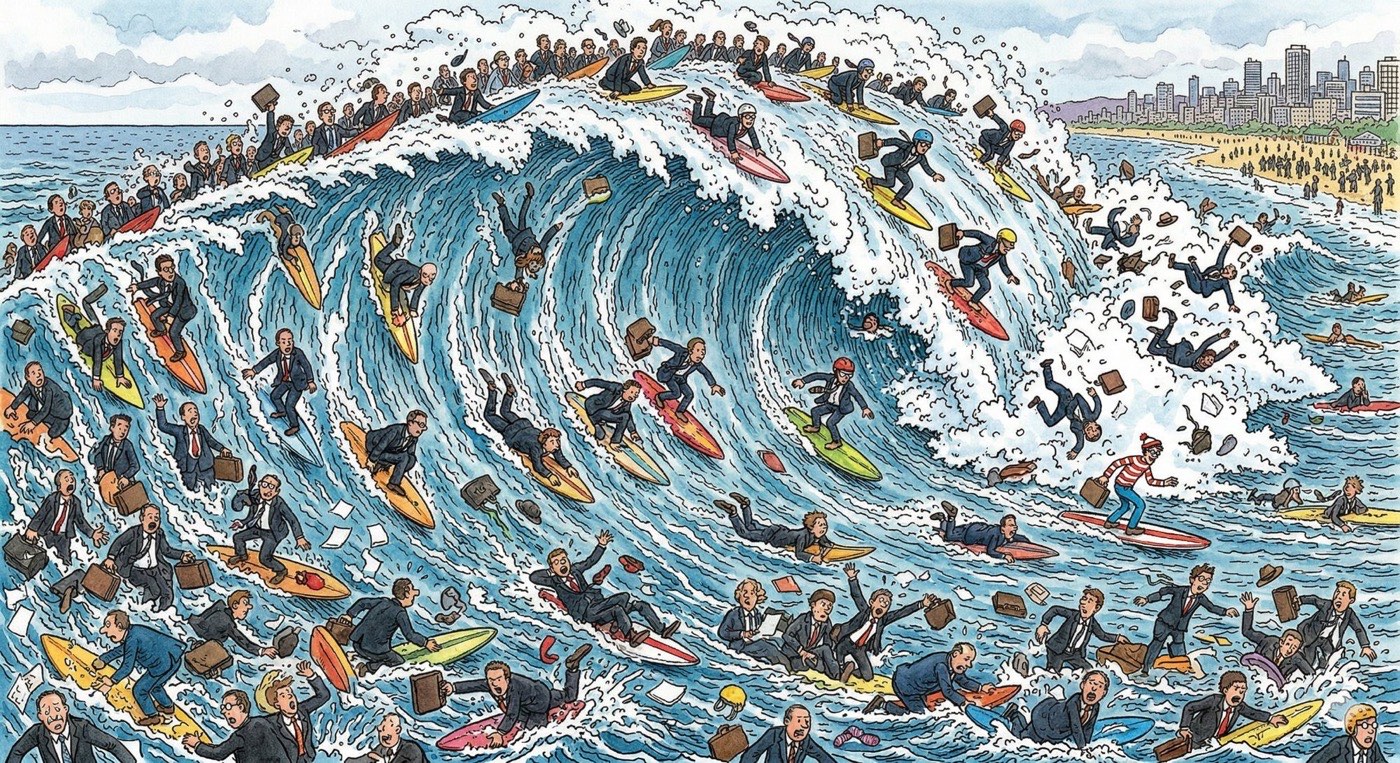 A towering wave crowded with businesspeople surfing, paddling, and wiping out with briefcases
